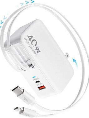 Retractable 40W USB C Fast Charger Wall Plug with Built-in 90cm/35.5in Type C